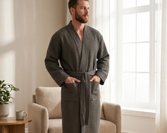 Men’s Dark Grey Waffle Cotton Robe Bathrobe for Men, Gift for Father’s Day or Housewarming