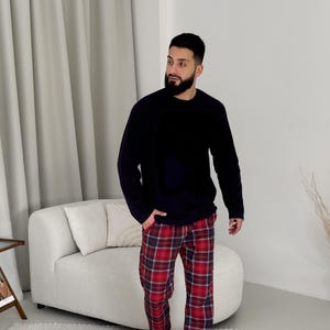 Warm Cotton Loungewear Set, Men&#39;s Pajama Set with Long Sleeve Top and Plaid Pants, Winter Sleepwear for Men, Cozy Gift for Him, Navy & Red