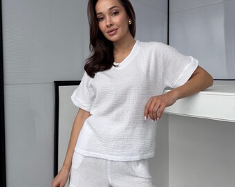 Witte mousseline loungeset, 100% katoenen zomeroutfit