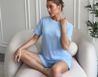 オーガニックコットン リブニット パジャマセット レディース ラウンジウェア