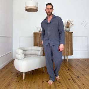 Men’s 100% Muslin Pajama Set, Long Sleeve Button Shirt&Pants, Organic Cotton 2-Layer Lounge Set,Soft Sleepwear with Pockets,Mens Relaxed Fit