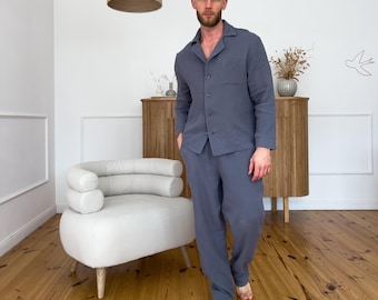 Men's Muslin Pajama Set, 100% Cotton 2-Layer Sleepwear, Relaxed Fit