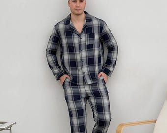 Pijama de franela para hombre, mezcla de algodón suave, a cuadros