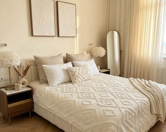 Melkwitte sprei 87 x 94 inch, ivoor boho deken, witte minimalistische bedovertrek