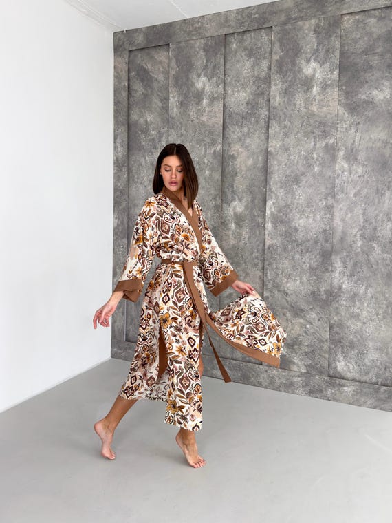 Boho Kimono Robe for Women, Lightweight Viscose Lounge Robe