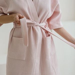 Waffle 100% Cotton Robe for Women, Above Knee Spa Bathrobe with Elbow Sleeves & Pockets,Lightweight Homewear,Soft Waffle Robe,Self Care Gift