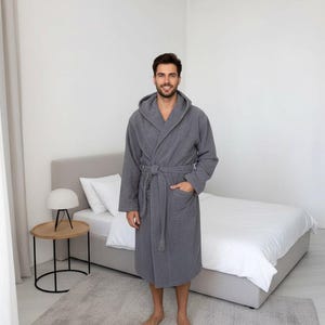 Men’s Hooded Terry Cotton Bathrobe, 100% Cotton Spa Robe with Belt and Pockets, Ultra-Absorbent Dark Gray Lounge Robe for Men