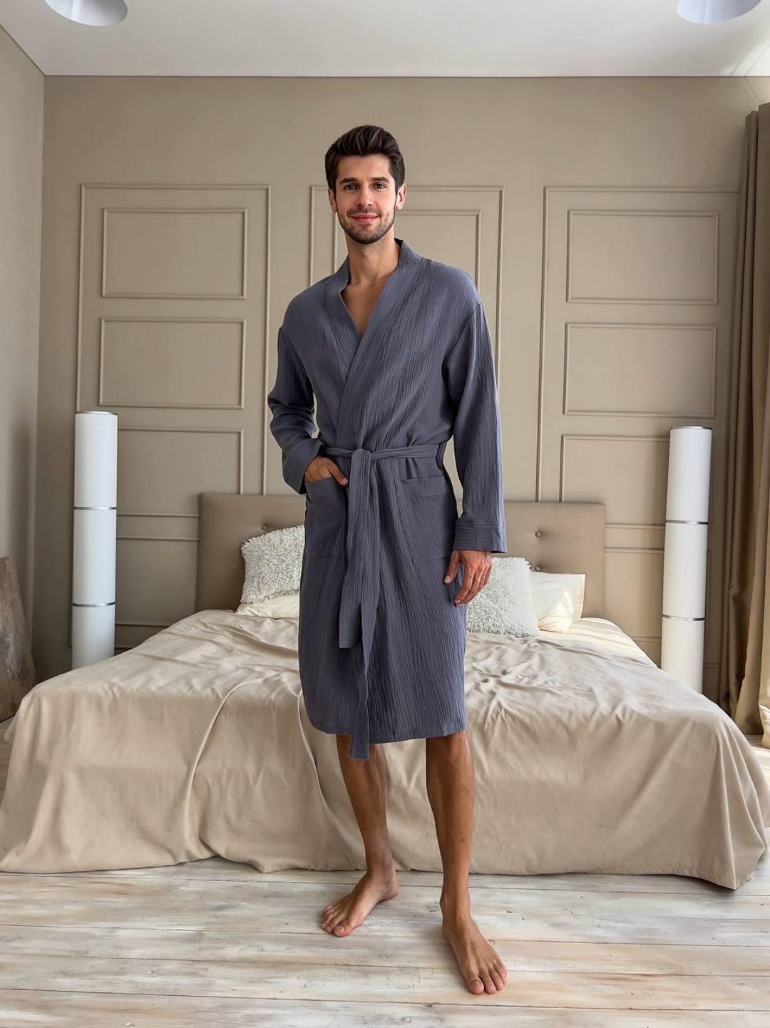 Men's Muslin Robe Men's Grey Muslin Cotton Robe, Lightweight Cotton Bathrobe - Etsy