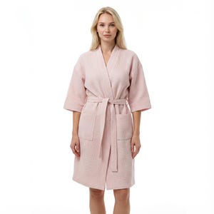 Waffle Weave Cotton Robe - Lightweight Spa Robe, Kimono Bathrobe
