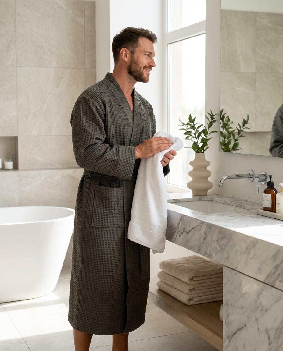 Men's Dark Grey Waffle Cotton Robe, Soft Turkish Cotton Bathrobe, Breathable Men's Loungewear