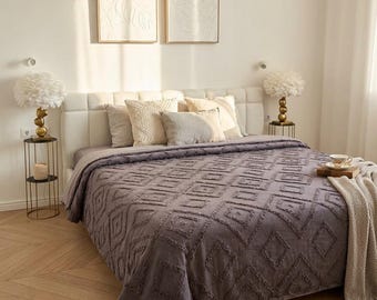 Graphite Boho Bedspread, Geometric Throw Blanket, Boho Blanket, Minimalist Bed Cover, Cozy Home Decor