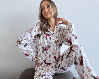 ノルディックフランネルパジャマセット「Nordy」、100%コットンレディーススリープウェア、トナカイ柄の冬用パジャマ、暖かいスカンジナビアラウンジセット