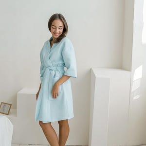 Neo Mint Waffle Cotton Robe, Lightweight Spa Bathrobe for Women, Homewear, Elbow Sleeve Lounge Robe, Soft Waffle Robe, Self Care Gift