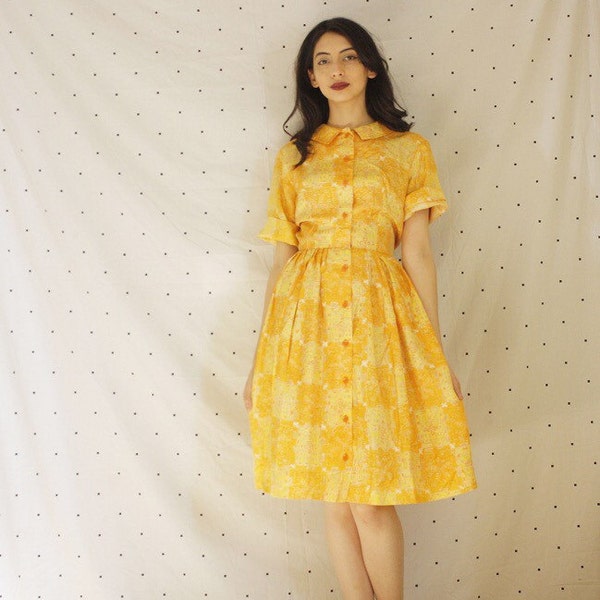Peter Pan Collar 50s Yellow Print Dress/ Pinup Vintage Circle Skirt Dress/ 1950s Rockabilly Sleeve Dress L Large VLV