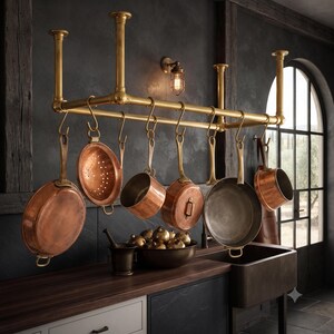 Old World Brass Pot Rack – Handmade Hanging Kitchen Organizer