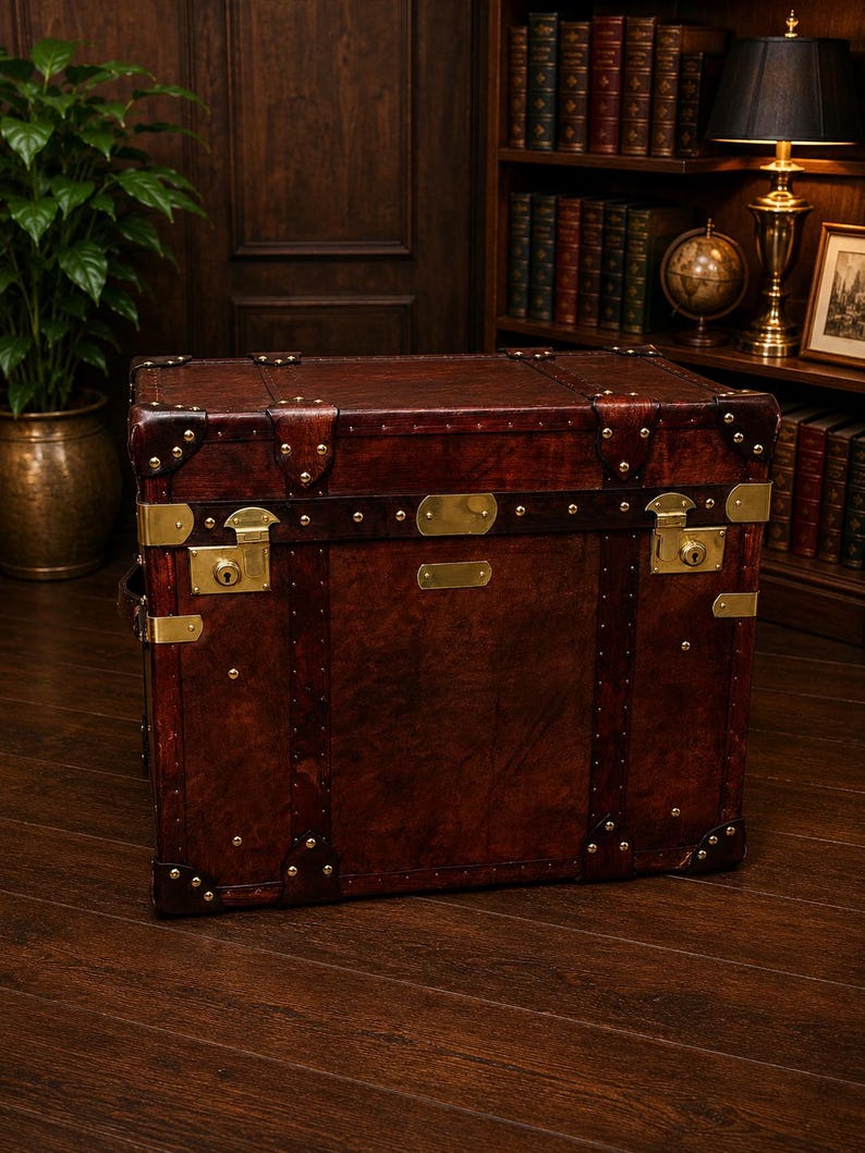 May include: A vintage-style, rectangular trunk with a rich, dark brown leather exterior. The trunk features brass hardware, including corner protectors, latches, and decorative accents. The trunk is a classic piece of luggage or storage.