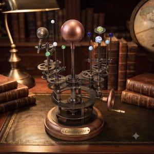 May include: A mechanical orrery model featuring a large central copper-colored sphere representing the sun, surrounded by smaller planetary spheres on metal arms with gears. The base is made of wood with a metal plaque reading Candleighto.