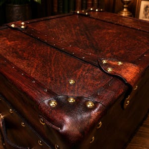 May include: A close-up of a vintage-style trunk with a rich, dark brown leather exterior. The trunk features brass accents, including corner protectors and decorative studs. The leather has a textured appearance, and the trunk appears to be well-crafted.