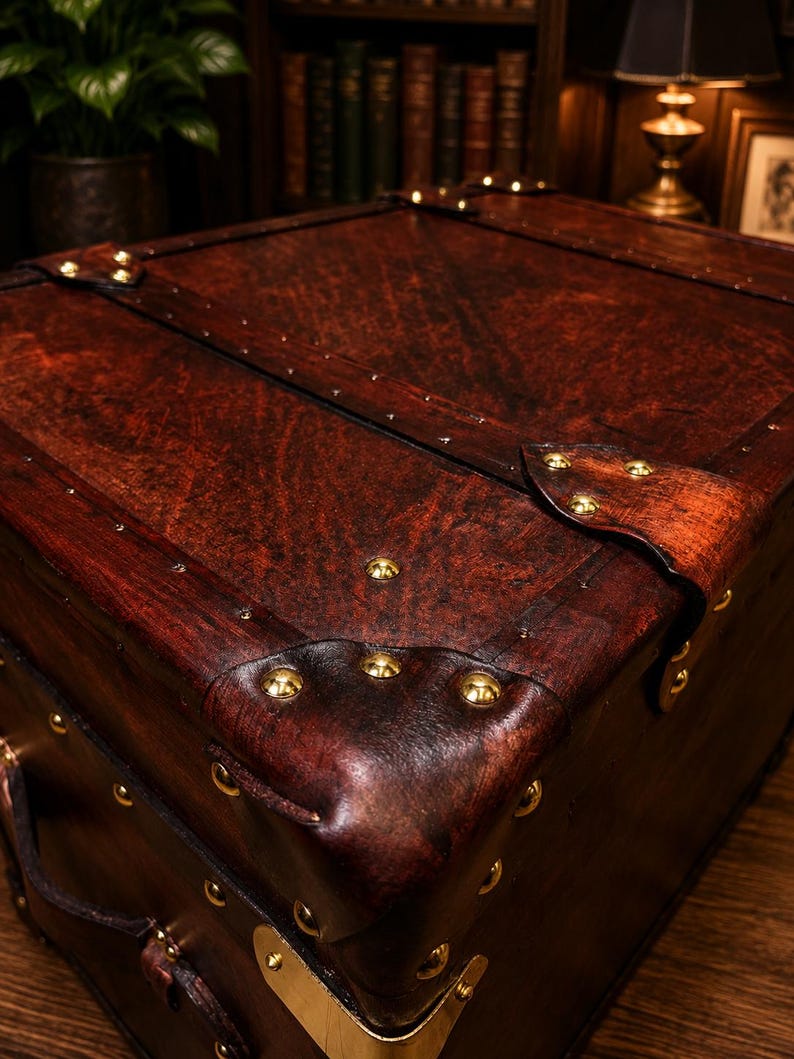 May include: A close-up of a vintage-style trunk with a rich, dark brown leather exterior. The trunk features brass accents, including corner protectors and decorative studs. The leather has a textured appearance, and the trunk appears to be well-crafted.