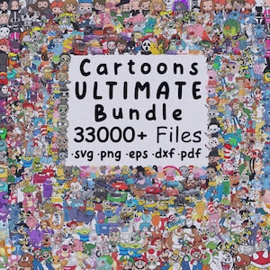 May include: A vibrant image showcasing a multitude of cartoon characters. A central white rectangle displays the text "Cartoons ULTIMATE Bundle 33000+ Files" and file type extensions. The image is a colourful mix of animated figures.