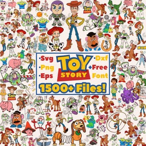 Könnte beinhalten: Eine Sammlung farbenfroher digitaler Illustrationen mit Charakteren aus dem Animationsfilm "Toy Story". Das Bild zeigt Woody, Buzz Lightyear, Jessie und andere Charaktere. Der Text im Bild lautet "Toy Story" und "1500+ Files!"