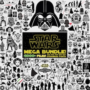 Könnte beinhalten: Schwarz-weiße Star Wars Mega-Bundle-Grafik mit über 4000 Dateien. Das Bild enthält Darth Vader, Yoda und andere Charaktere und Logos aus dem Star Wars-Franchise. Der Text "Star Wars" ist gelb.