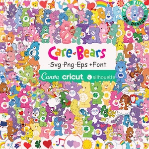 以下が含まれることがあります： 様々なポーズと色のケアベアが多数描かれた、カラフルなデジタルデザイン。画像には「Care Bears」の文字とファイルの種類情報、そして「Canva」、「cricut」、「silhouette」の文字が含まれています。