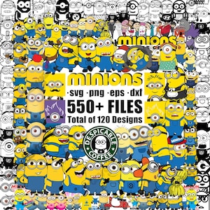 Könnte beinhalten: Eine lebendige Collage mit zahlreichen Minion-Charakteren in verschiedenen Posen und Outfits. Das Bild enthält Text, der "minions", "SVG, PNG, EPS, DXF", "550+ FILES" und "Total of 120 Designs" lautet. Ein "Despicable Coffee"-Logo ist ebenfalls vorhanden.