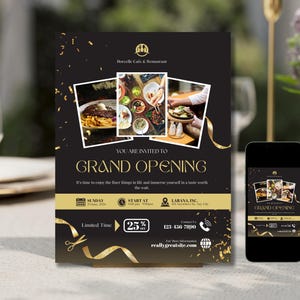 Plantilla de folleto para la gran inauguración de un restaurante / Plantilla editable de Canva / Folleto para el lanzamiento de un evento empresarial / Invitación para la inauguración de una cafetería