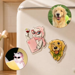 May include: A collection of clear acrylic magnets featuring cartoon illustrations. One magnet depicts a cat in sunglasses and a scarf, another a cat holding a wine glass and a Kindle, and two magnets of golden retrievers.