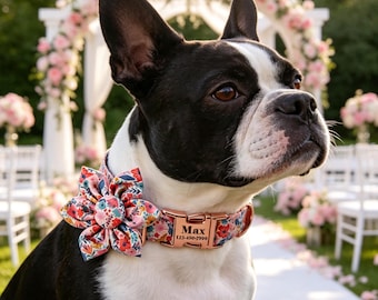 Custom Floral Collar, Engraved Name & Phone Number, Flower Bow Collar, Wedding Party Accessory, Ideal Wedding Gift for Pet