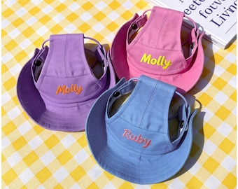 Bestickter großer Hundeeimer-Hut - Personalisierter Baumwollhaustier-Sonnenhut mit Namen, Atmungsaktive Bonbonfarbenkappe, Sommeraccessoire für Hunde