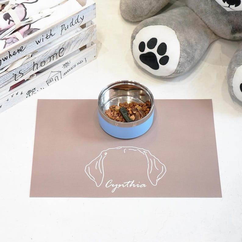 May include: A light blue and silver pet bowl filled with dog food sits on a taupe placemat. The placemat features a white outline of a dog's head and the name "Cynthia". A wooden crate with text is in the background.