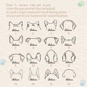 May include: A beige graphic with sixteen line drawings of dog ears, each labeled with a number and the name "Adam." The text at the top reads "Step 3: Select the pet style" and provides instructions for customization.