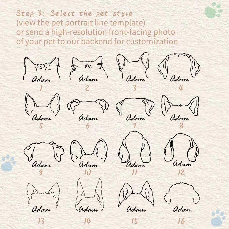 May include: A beige graphic with sixteen line drawings of dog ears, each labeled with a number and the name "Adam." The text at the top reads "Step 3: Select the pet style" and provides instructions for customization.