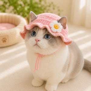 May include: A light pink crocheted bucket hat for a cat, featuring a ruffled brim and a white flower applique with a yellow centre. The hat includes thin pink chin straps that tie under the chin, designed to fit around the ears of a cat.