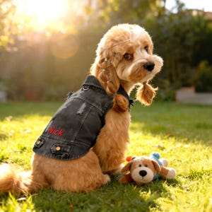 Personalisierte Jeansweste für Hunde mit Stickerei Name | Hund Alltag Jeansjacke | Cooler Street Style Hundemantel | Geschenk für Hund
