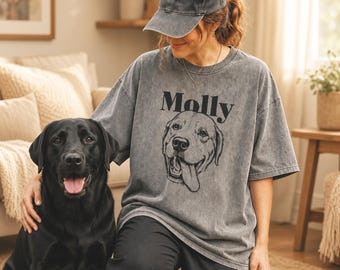 Custom Pet Portrait Line Art T-Shirt - Vintage Washed Cotton Tee with Your Dog or Cat’s Sketch & Name | Gift for Pet Lovers, Dog Mom