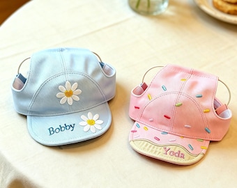 Custom Embroidered Dog Hat with Ear Holes, Personalized  Floral & Candy Pet Baseball Cap, Summer Accessory for Small Medium Dogs, Puppy Gift