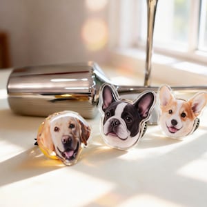 Könnte beinhalten: Drei transparente Acrylringe mit Hundefratzen: ein Golden Retriever, eine französische Bulldogge und ein Corgi. Die Ringe liegen auf einer weißen Oberfläche mit einem silbernen Objekt im Hintergrund. Jeder Ring zeigt ein detailliertes, lächelndes Hunde-Gesicht.
