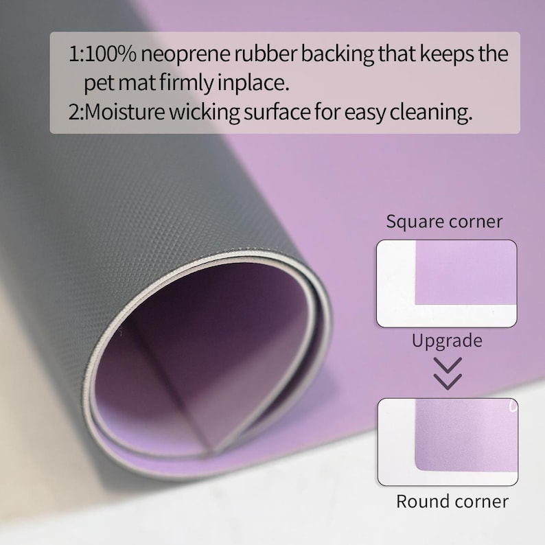 May include: Rolled pet mat with a gray neoprene rubber backing and a light purple moisture-wicking surface. The text indicates the mat has a square corner design, with an upgrade option for a round corner.