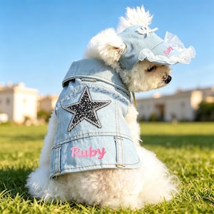 May include: A small white dog wearing a light blue denim jacket with a large black star and the name "Ruby" in pink. The dog also wears a matching hat with lace trim.