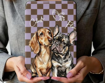 Custom Watercolor style Pet Portrait Kindle Case, Checkerboard Background Dog Cat Kindle Cover with Hand Strap, Gift for Pet Owner