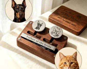 Custom Pet Photo Portrait Cufflinks ,Engraved Tie Clip Set with Walnut Box, Gift for Dog Cat Dad