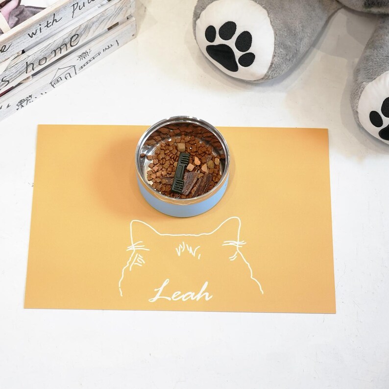 May include: A stainless steel pet bowl with a light blue base, filled with dry pet food, sits on a yellow placemat. The placemat features a white cat face outline and the name "Leah" in cursive.