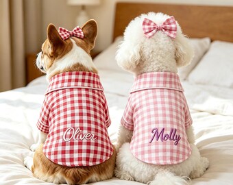 Custom Embroidered Dog Pajamas - Gingham Pet PJs with Bow Tie, Breathable Anti-Shedding Sleepwear for Small Medium Dogs Cats, Gift for Pets