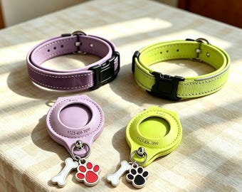 Custom Dog Collar with Smart Tracker Holder,Pet Collar with ID Tag for AirTag, Durable Leather-Look Puppy Collar,Birthday Gift for Dog Cat