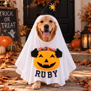 May include: A golden retriever wearing a white ghost costume with a black witch hat featuring a yellow spider. The costume includes a large orange jack-o'-lantern pocket filled with candy and the name RUBY printed in black block letters.