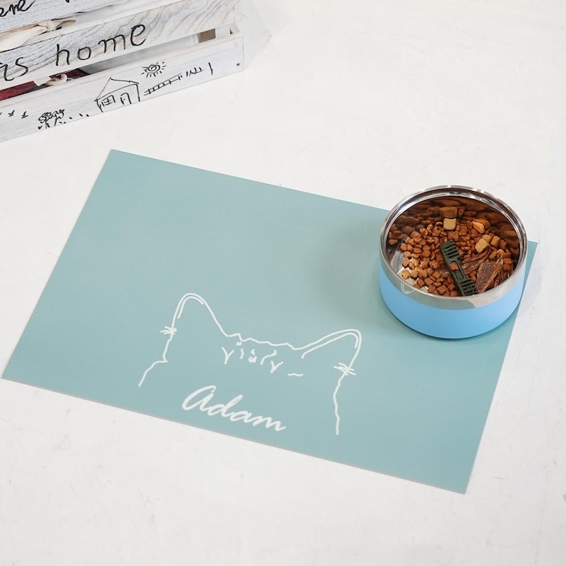 May include: A light blue pet food mat with a white cat outline and the name "Adam" in script. A stainless steel and light blue pet bowl filled with dry food sits on the mat. The bowl contains a mix of brown kibble and meat.