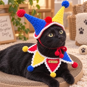 May include: A crocheted jester hat and matching collar set for a cat. The hat features blue and yellow points with red pom-poms. The collar has red, yellow, and blue points with white trim, red pom-poms, and a small metal tag engraved with SIMON.